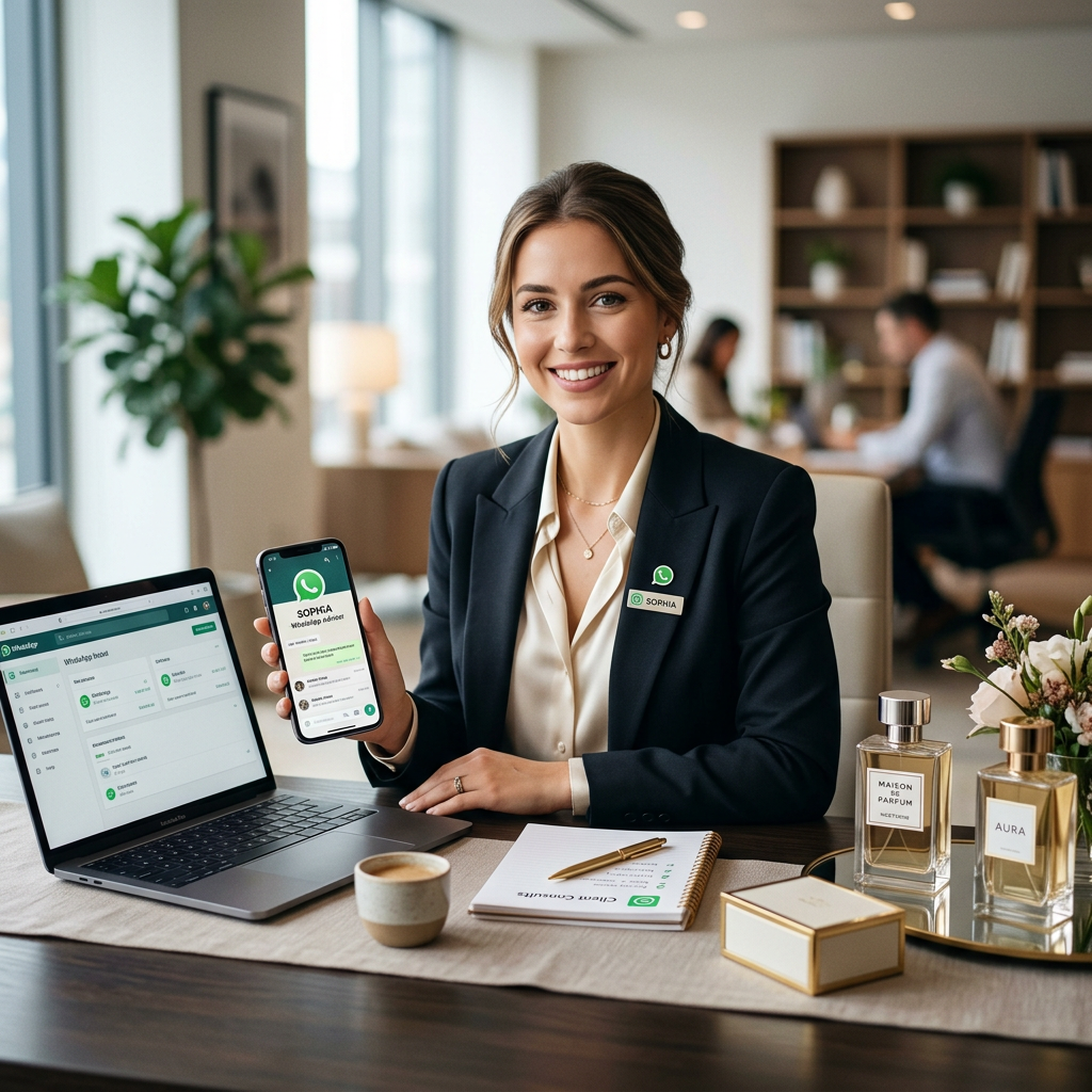 Professional woman showing WhatsApp business dashboard on laptop and phone at desk